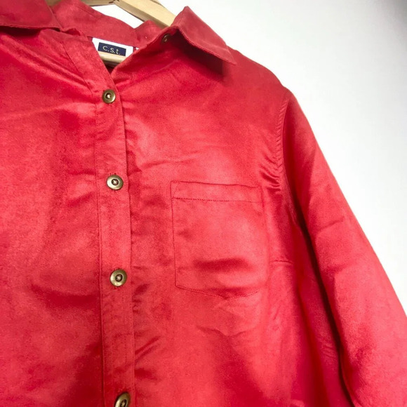 Vintage C.S.T. Sport 18W Red Button Down Blouse Plus Size Suede-Feel Office Top - Picture 6 of 11
